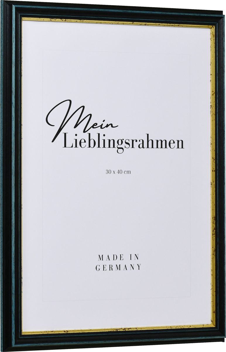 Seitenansicht eines blauen Holzrahmens mit tiefer Hohlkehle und abgestufter Goldkante