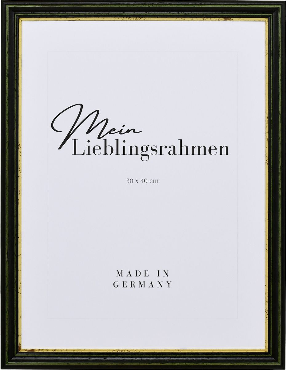 Frontansicht eines grÃ¼nen, altmodischen Holzrahmens mit tiefer Hohlkehle und abgestufter Goldkante