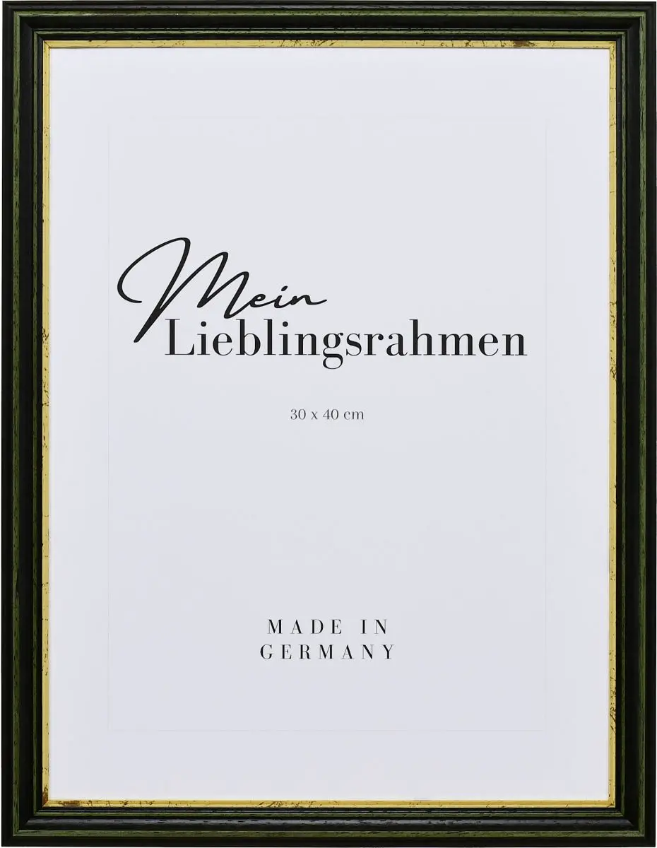 Frontansicht eines grÃ¼nen, altmodischen Holzrahmens mit tiefer Hohlkehle und abgestufter Goldkante