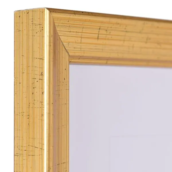 Ansicht der Ecke eines klassischen Holzrahmens in der Farbe Altgold mit LÃ¤ngsbÃ¼rstung, glatter OberflÃ¤che, Hohlkehle und einer gekehlten Innenkante