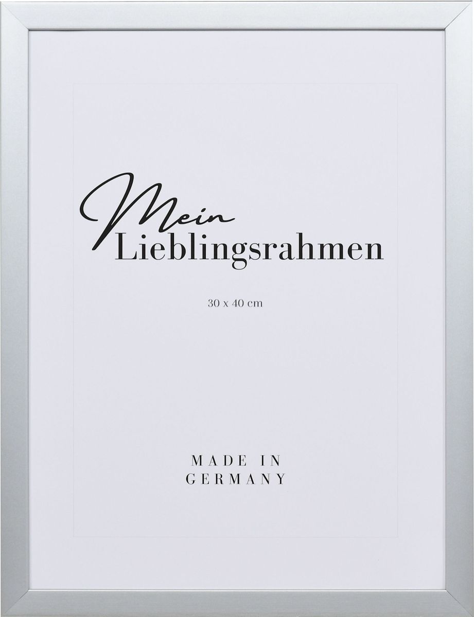 Frontansicht eines silberfarbenen Bilderrahmens mit geschlossener, glatter OberflÃ¤che und wÃ¼rfelfÃ¶rmigem Profil