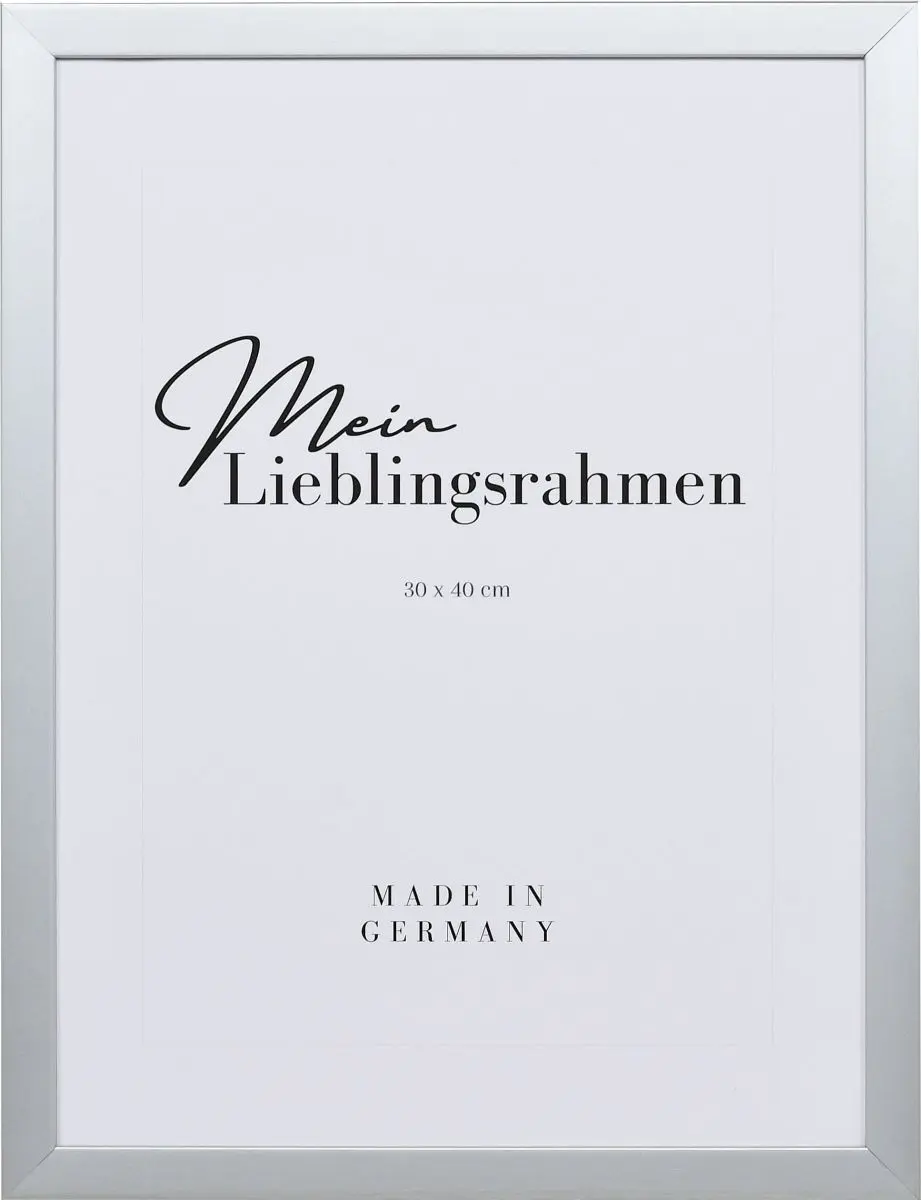 Frontansicht eines silberfarbenen Bilderrahmens mit geschlossener, glatter OberflÃ¤che und wÃ¼rfelfÃ¶rmigem Profil