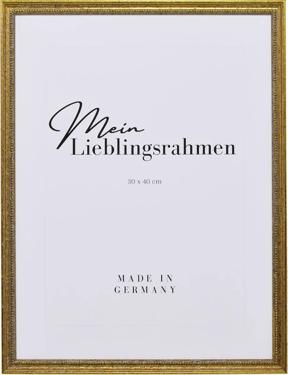Frontansicht eines klassischen, antiken Holzrahmens in der Farbe Altgold mit Perlkante