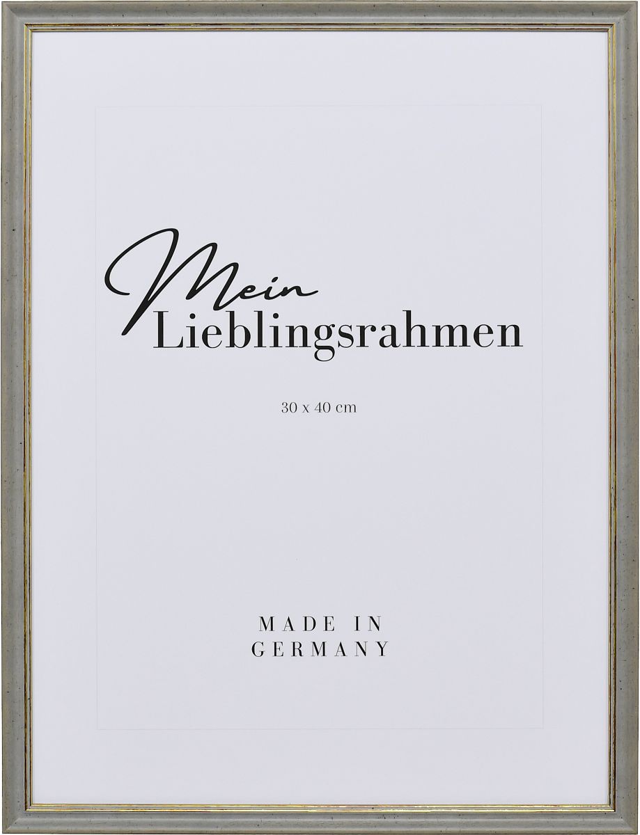 Frontansicht eines grauen Shabby Chic Holzrahmens mit leicht aufgerauter OberflÃ¤che und goldener Zierkante