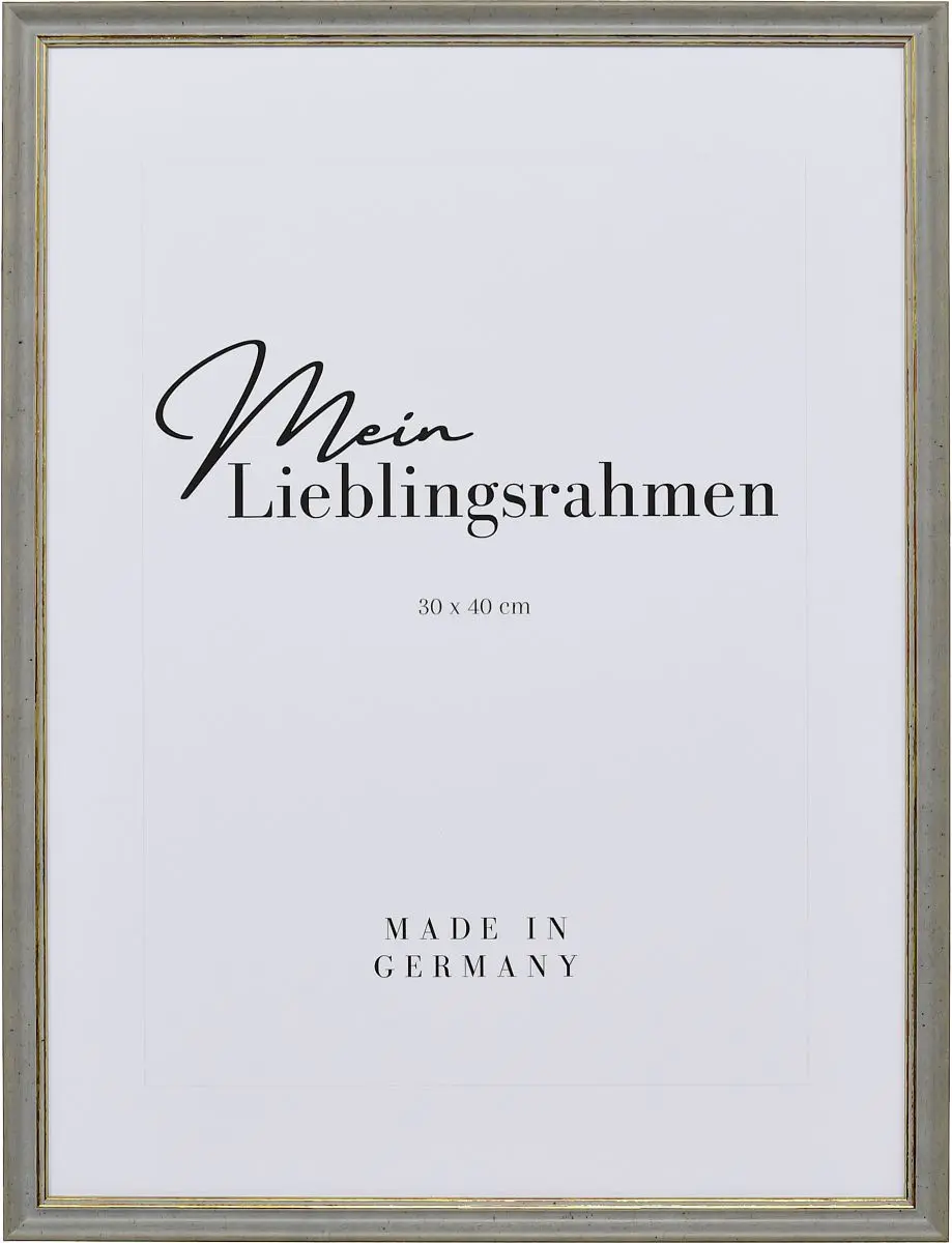 Frontansicht eines grauen Shabby Chic Holzrahmens mit leicht aufgerauter OberflÃ¤che und goldener Zierkante