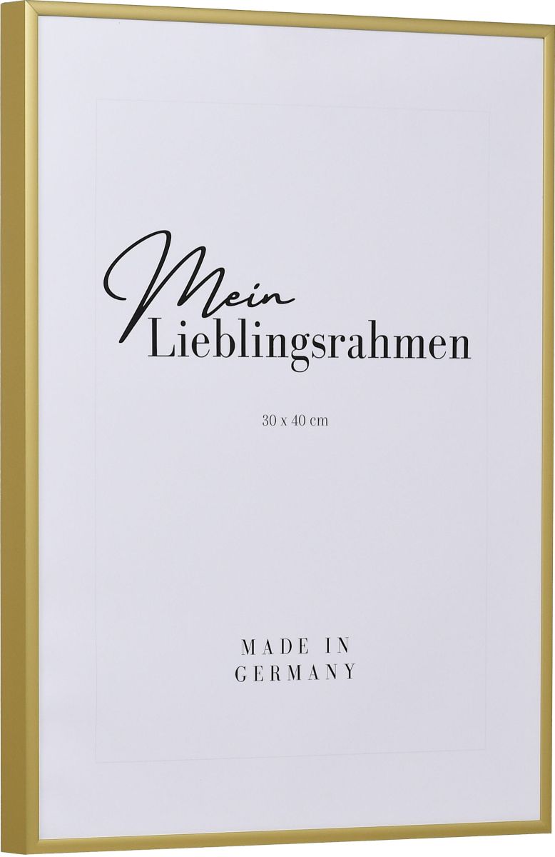 Seitenansicht eines goldenen, sehr formstabilen Aluminiumrahmens mit patentiertem Eckverbindersystem
