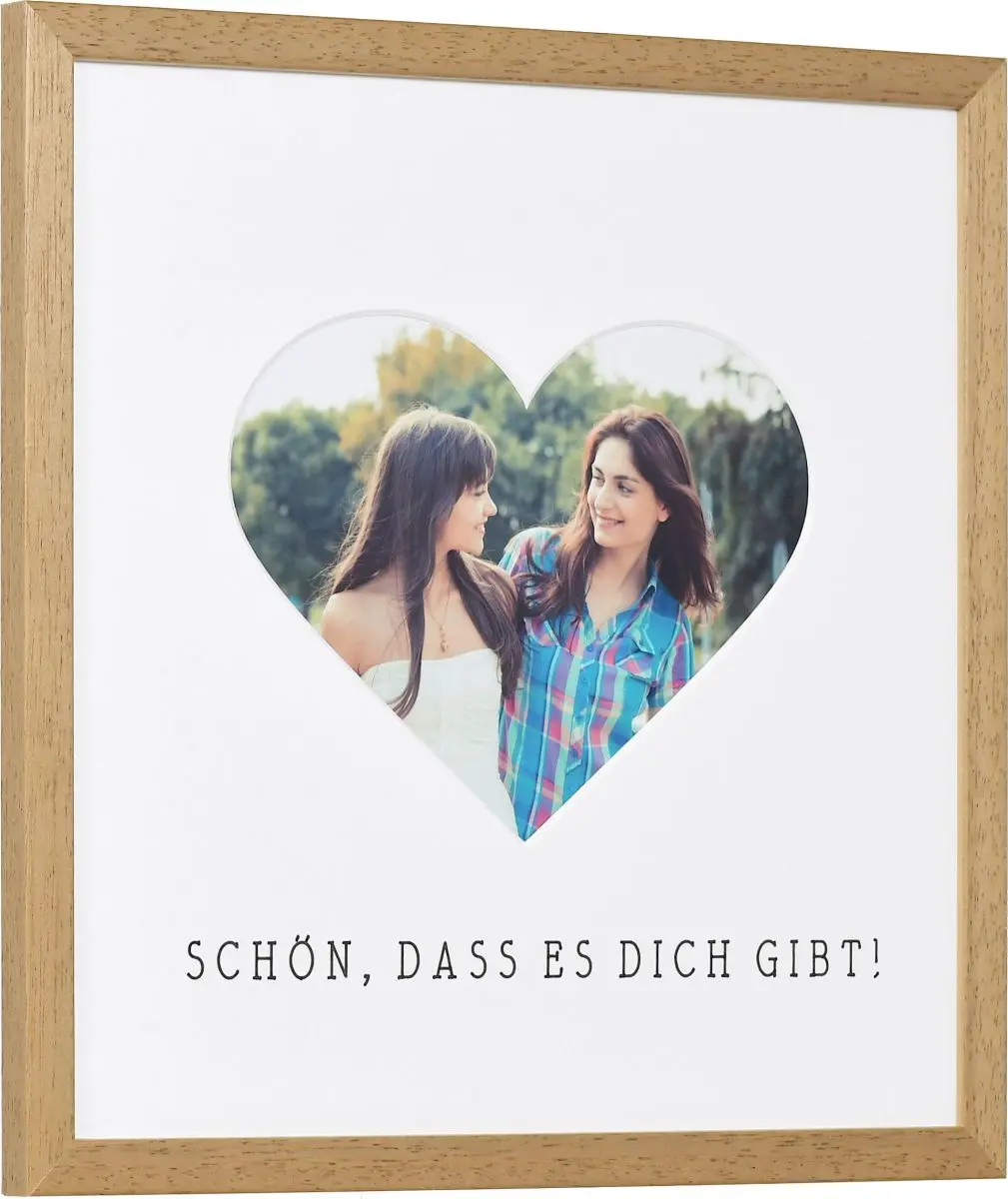 zijaanzicht van een fotolijst met hartuitsparing om cadeau te geven in de kleur eiken