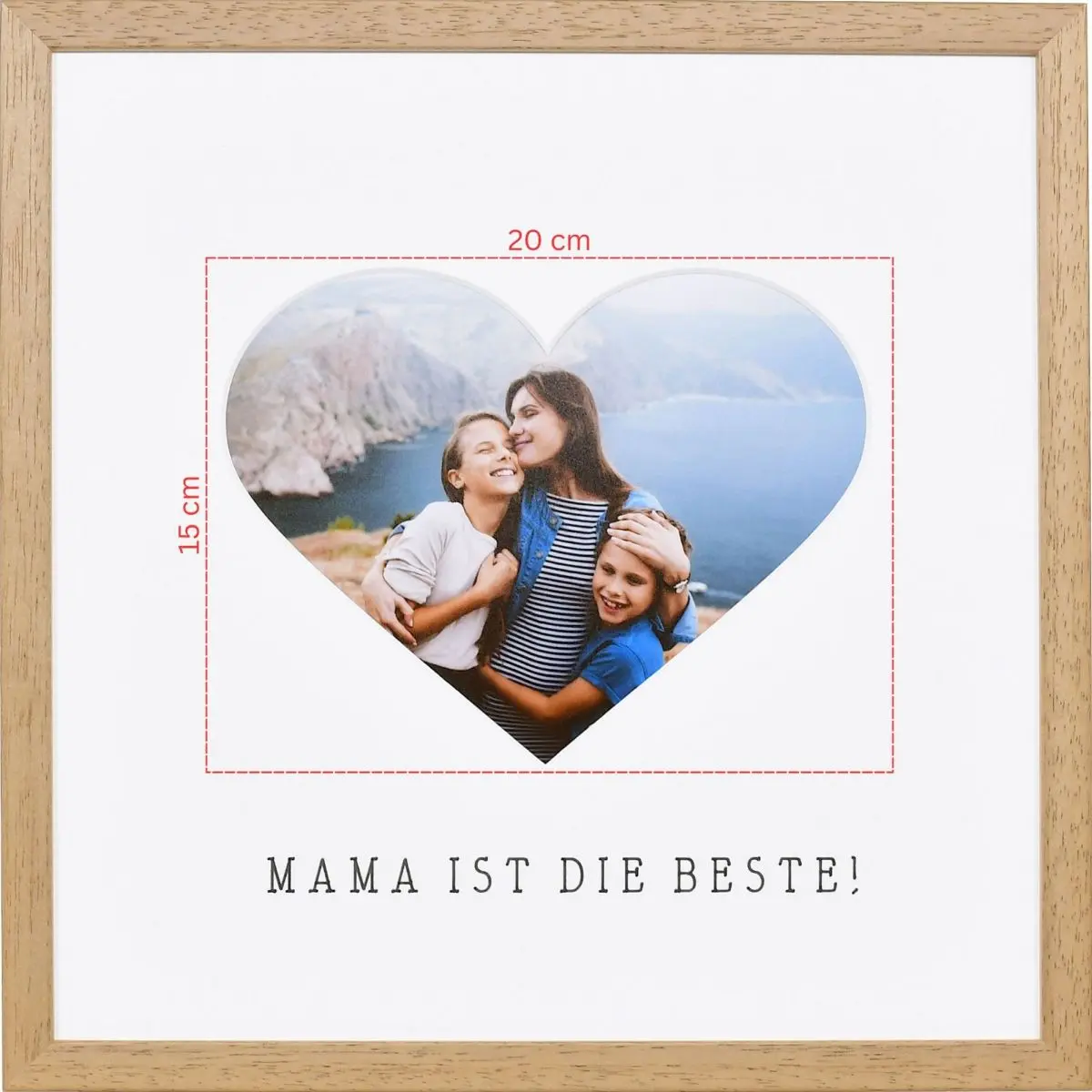 Skizze eines Fotos fÃ¼r ein herzfÃ¶rmiges Passeparpartout in eichefarbenem Bilderrahmen 30x30