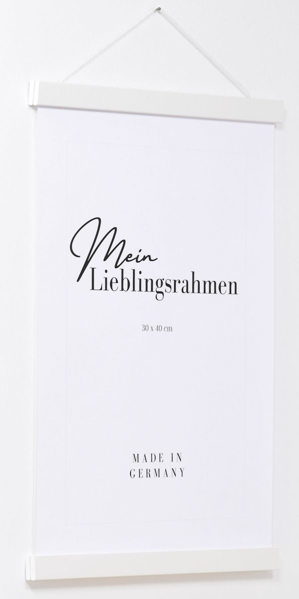 Seitenansicht eines weissen Holz-PosterhÃ¤ngers