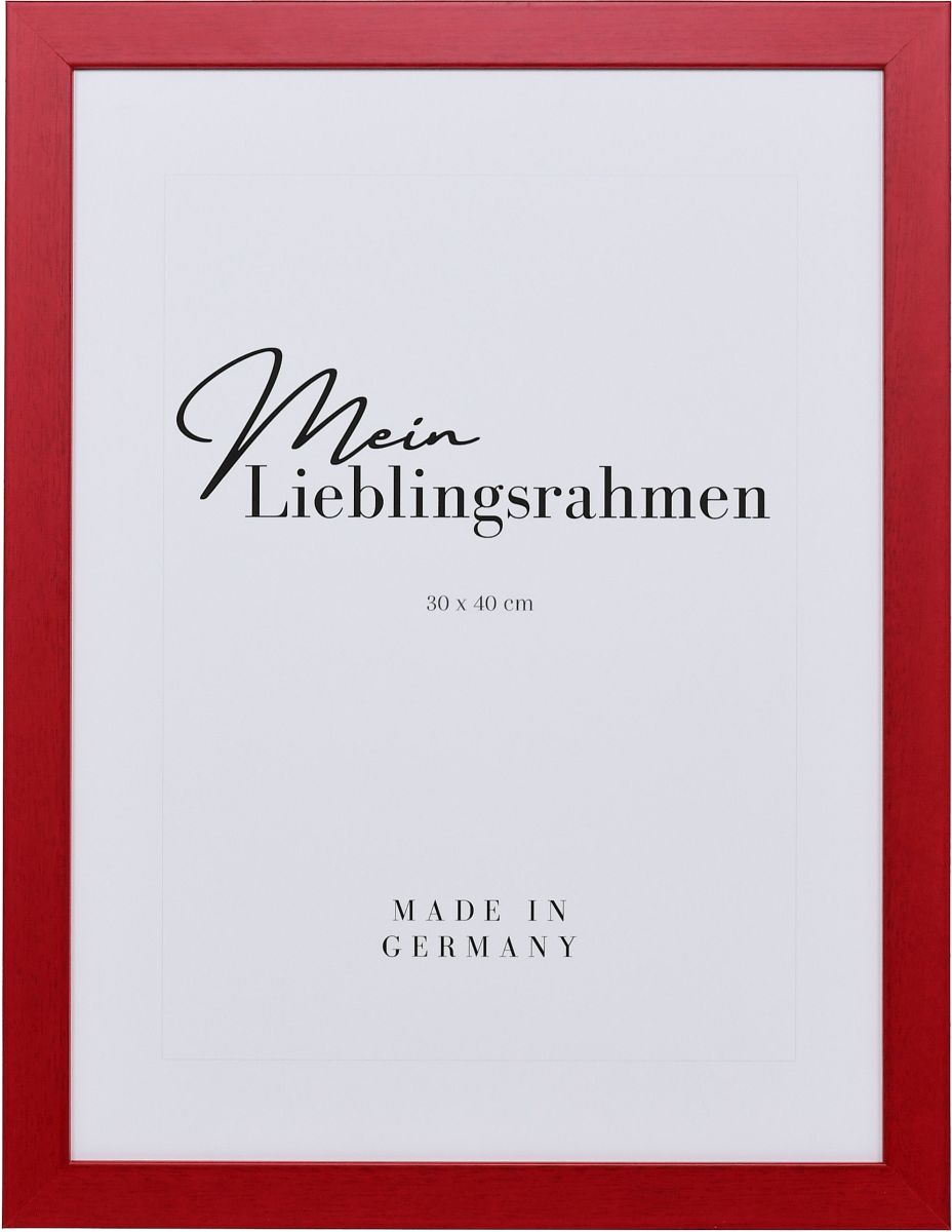 Frontansicht eines roten Bilderrahmens mit sichtbarer Holzstruktur, glatter OberflÃ¤che und kantigem, schlichtem Profil
