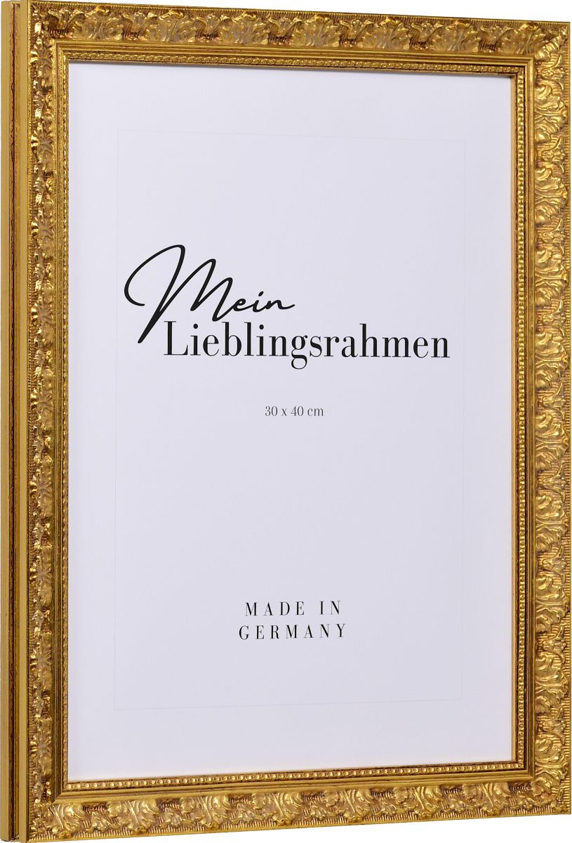 Seitenansicht eines Holzrahmens im Barockstil mit feinen floralen Ornamenten und einem strahlenden Goldglanz