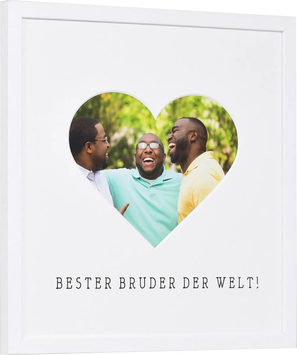 seitliche Ansicht eines Bilderrahmens mit Herzausschnitt fÃ¼r den besten Bruder der Welt in der Farbe Weiss