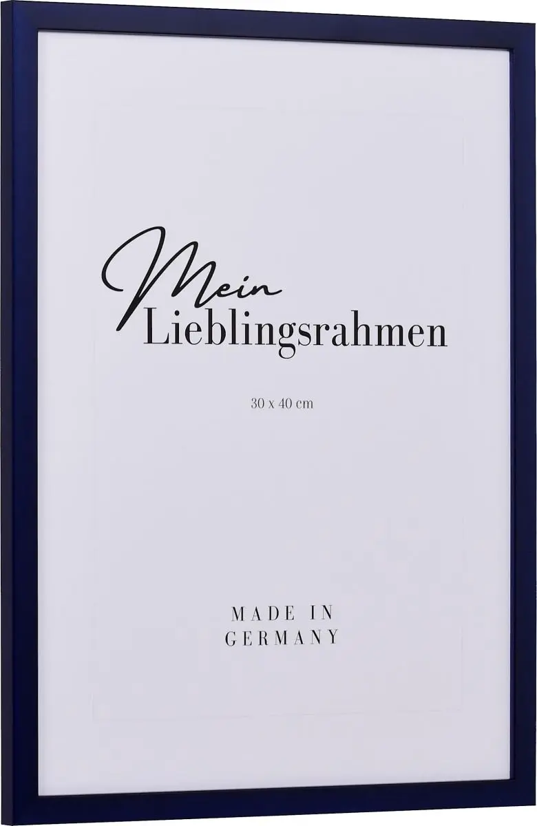 Seitenansicht eines schmalen, blauen Bilderrahmens mit sichtbarer Holzstruktur und glatter OberflÃ¤che