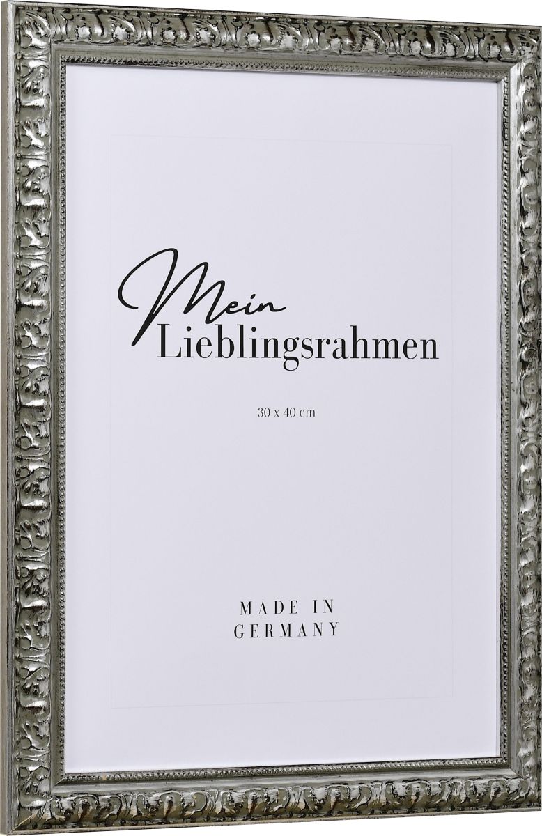 Seitenansicht eines silbernen Holzrahmens im eleganten, barocken Look mit Perlkante