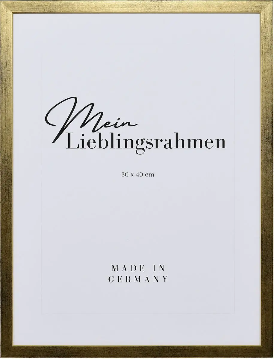Frontansicht eines schmalen, goldenen Bilderrahmens, 40x60 cm, mit sichtbarer Holzstruktur und glatter OberflÃ¤che
