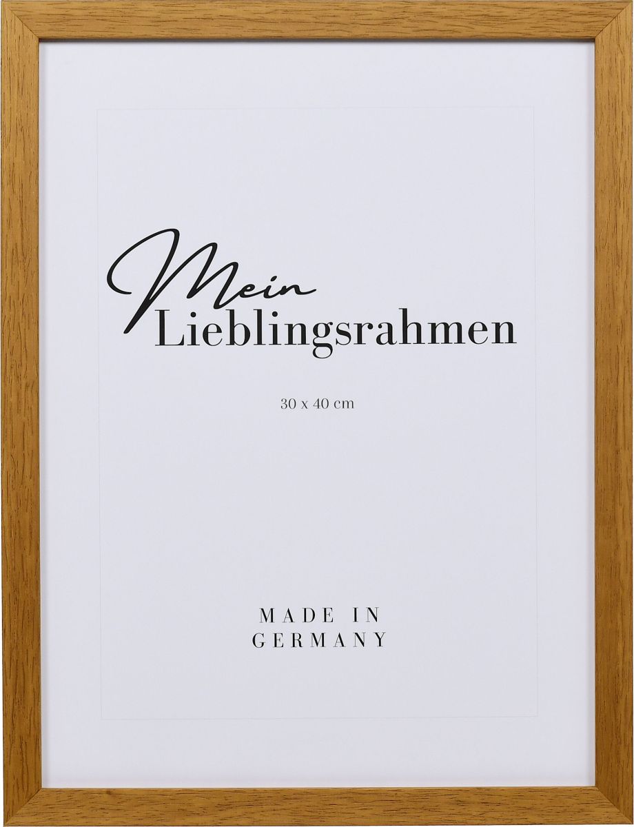Frontansicht eines quadratischen, modernen, eichenfarbenen Holzrahmens, dessen Holzstruktur sichtbar ist und durch PrÃ¤gung verstÃ¤rkt wird