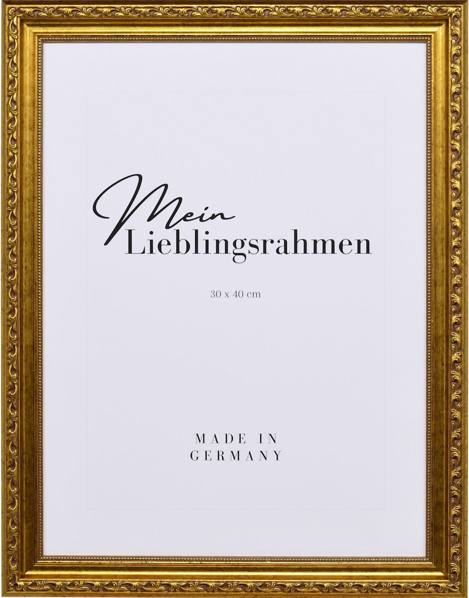Frontansicht eines verspielten, barocken Holzrahmens in der Farbe Altgold mit floralen Ornamenten und einen zarten Perlstab