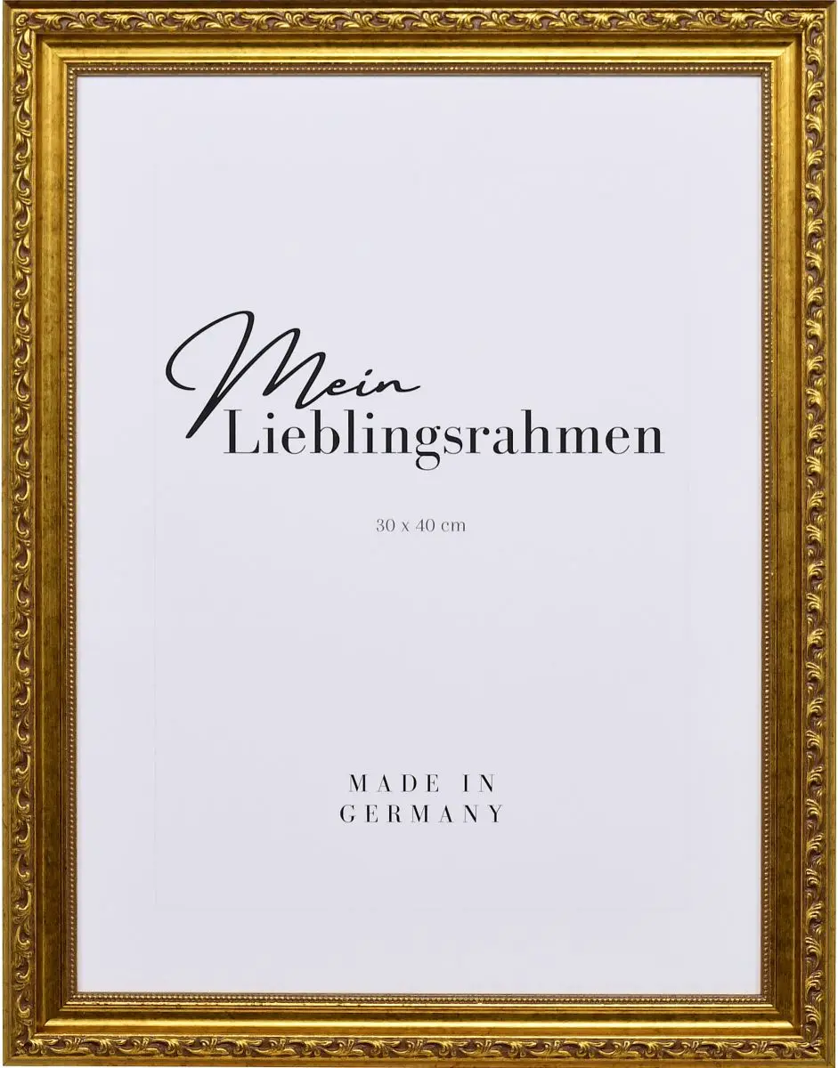 Frontansicht eines verspielten, barocken Holzrahmens in der Farbe Altgold mit floralen Ornamenten und einen zarten Perlstab