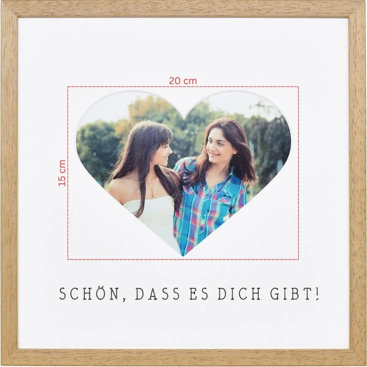 Skizze eines Fotos fÃ¼r ein herzfÃ¶rmiges Passeparpartout in eichefarbenem Bilderrahmen 30x30
