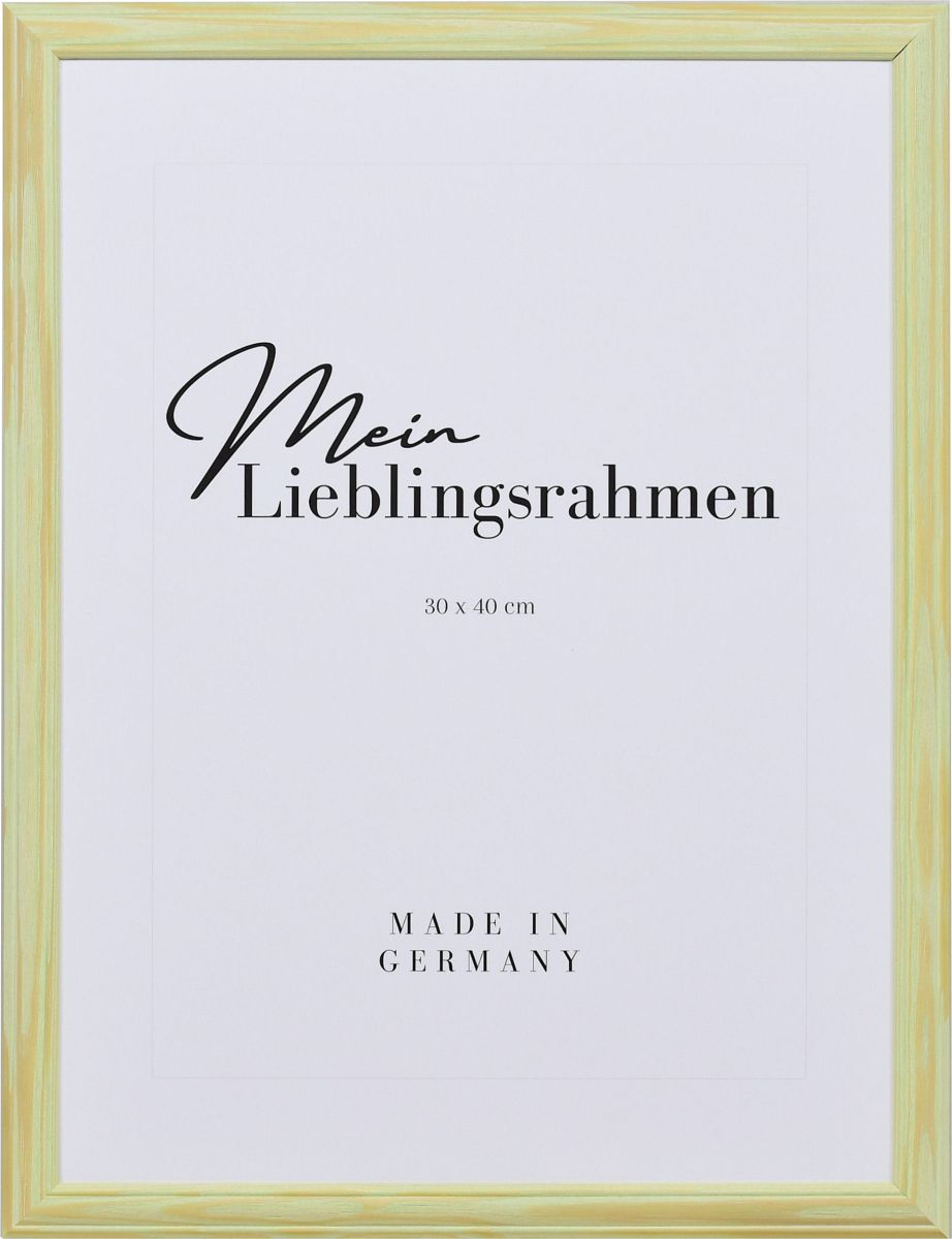 Frontansicht eines grÃ¼nen, pastellfarbenen Holzrahmens im Landhausstil, mit einer abgeflachten WÃ¶lbung und einer erhobenen Au