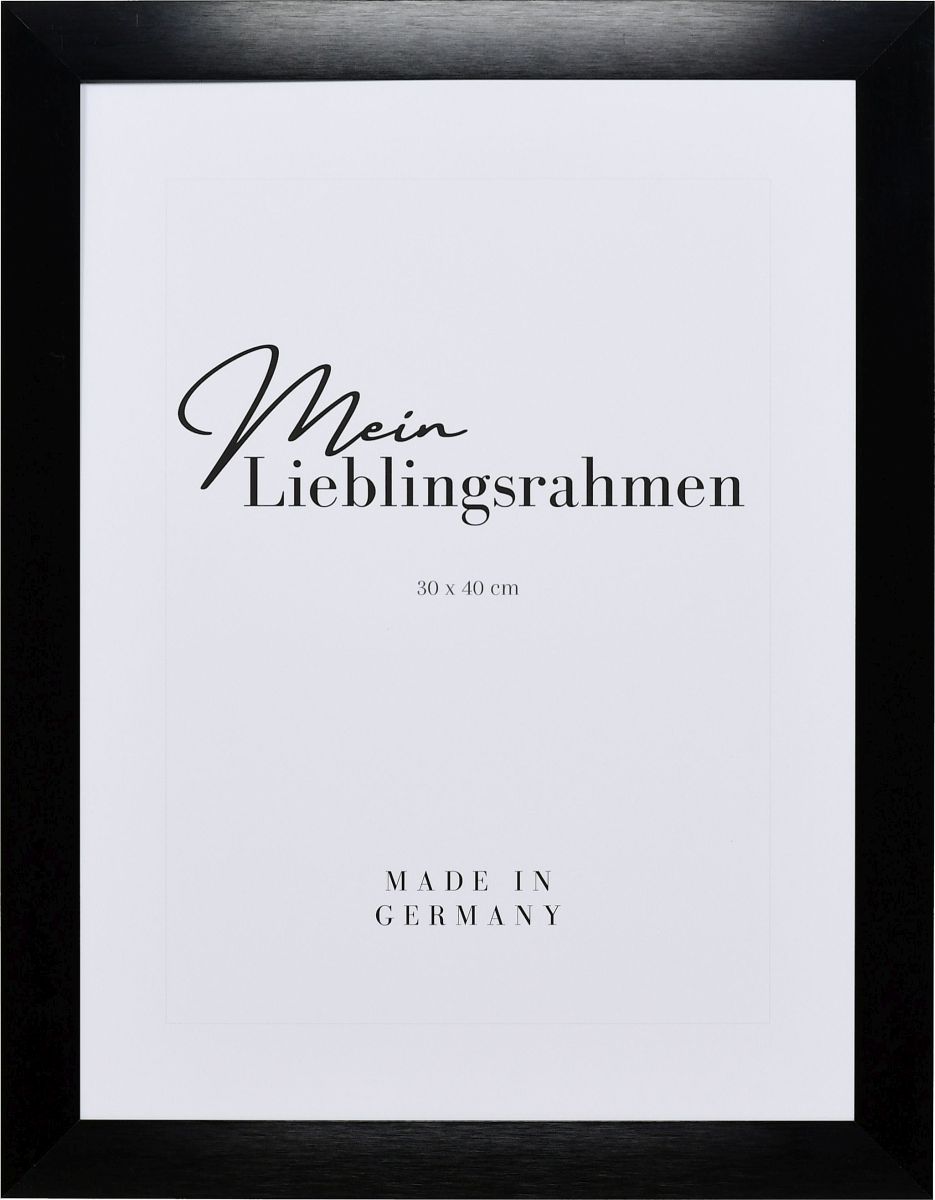 Frontansicht eines schwarzen, breiten Aluminiumrahmens mit lÃ¤ngs gebÃ¼rsteter, rostfreier Leiste