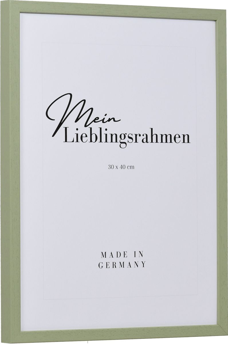 Seitenansicht eines modernen, grÃ¼nen, schmalen Bilderrahmens