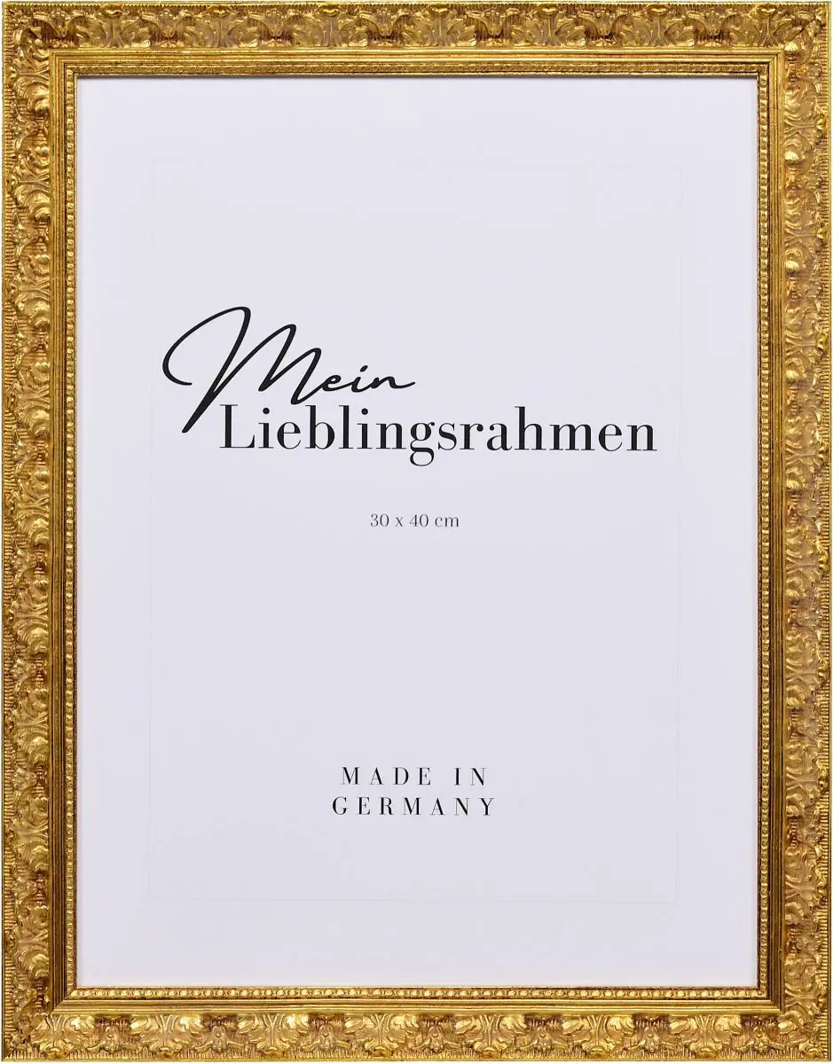 Frontansicht eines Holzrahmens im Barockstil mit feinen floralen Ornamenten und einem strahlenden Goldglanz