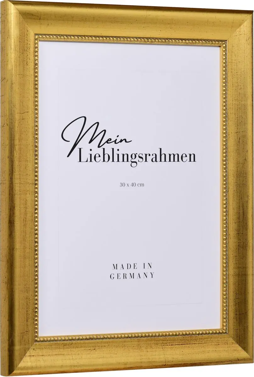 Zijaanzicht van een gouden, klassieke fotolijst met gouden parelrand