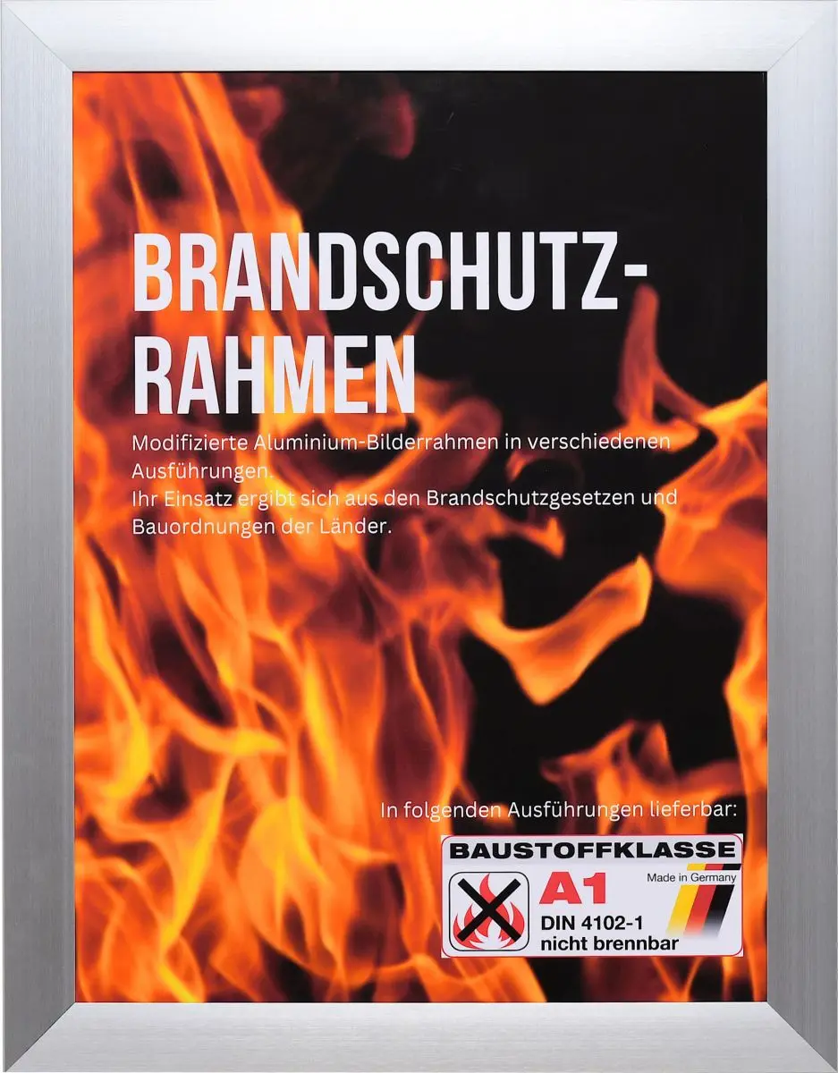 Frontansicht eines silbernen Brandschutzrahmens aus lÃ¤ngs gebÃ¼rstetem, rostfreien Aluminium