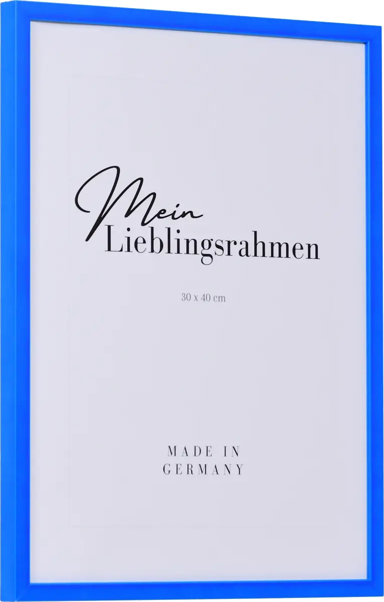 Zijaanzicht van een houten fotolijst in moderne stijl in de kleur neonblauw