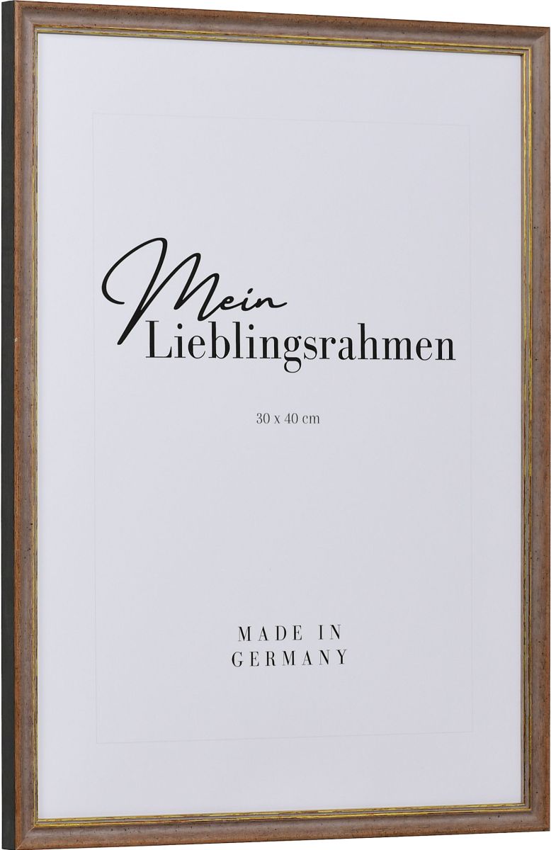 Seitenansicht eines braunen Retro Rahmens mit leicht aufgerauter OberflÃ¤che und goldener Zierkante