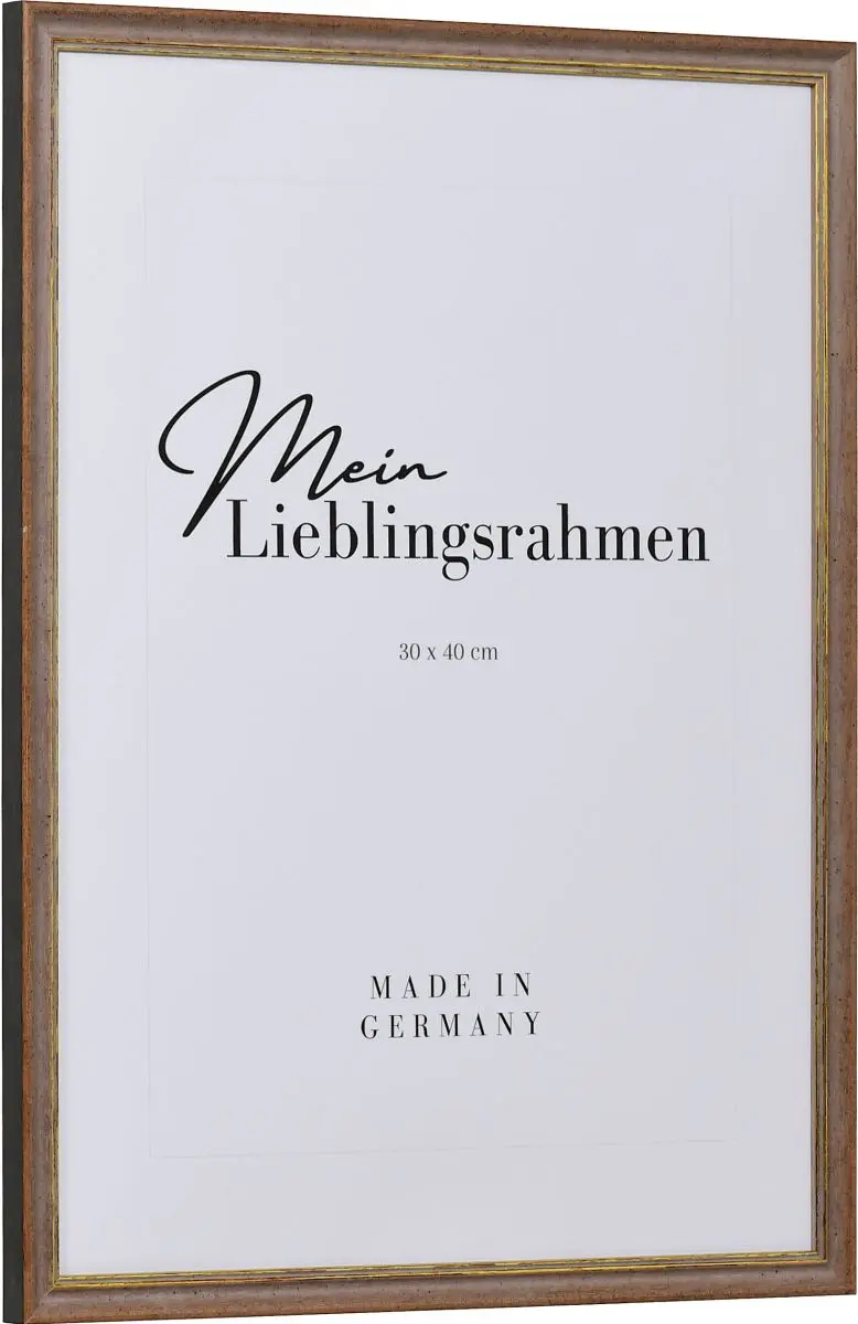 Seitenansicht eines braunen Retro Rahmens mit leicht aufgerauter OberflÃ¤che und goldener Zierkante
