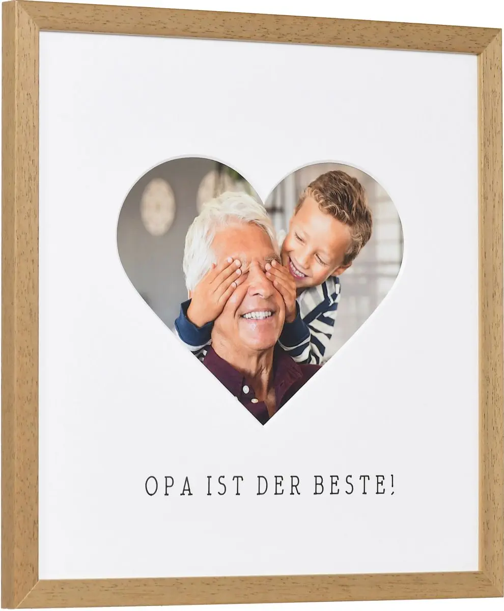 zijaanzicht van een fotolijst met hartuitsparing voor Opa in de kleur eiken