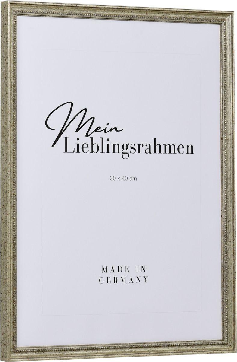 Seitenansicht eines klassischen, antiken Holzrahmens in der Farbe Antiksilber mit Perlkante