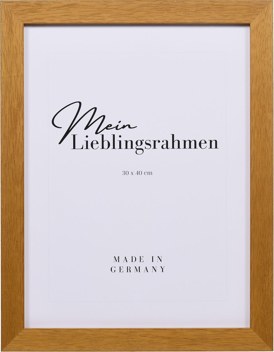 Frontansicht eines eichefarbenen Holzrahmens, 50x70 cm, offenporig lackiert mit sicht- und fÃ¼hlbarer Holzstruktur