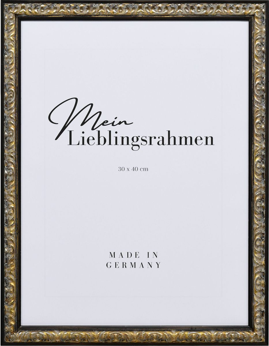 Frontansicht eines schwarzen, aufwendig geformten, barocken Holzrahmens mit floraler Ornamentik und in Handarbeit aufgebÃ¼rstetem Schlagmetall