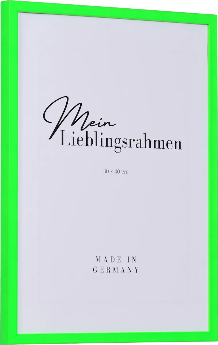 Zijaanzicht van een houten fotolijst in moderne stijl in de kleur neongroen